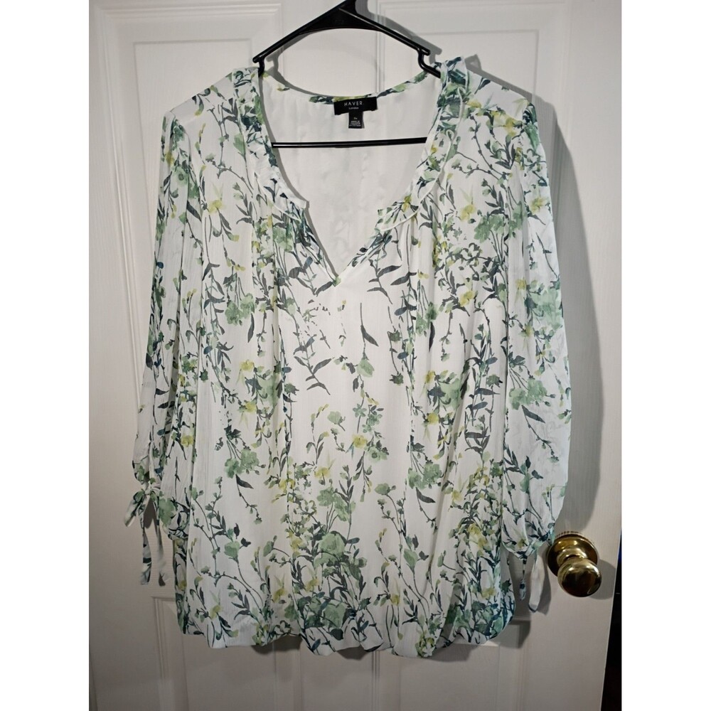 Haver London Woman 2X Blouse V Neck 3/4 Sleeve Delicate Floral Sheer  Ruffle